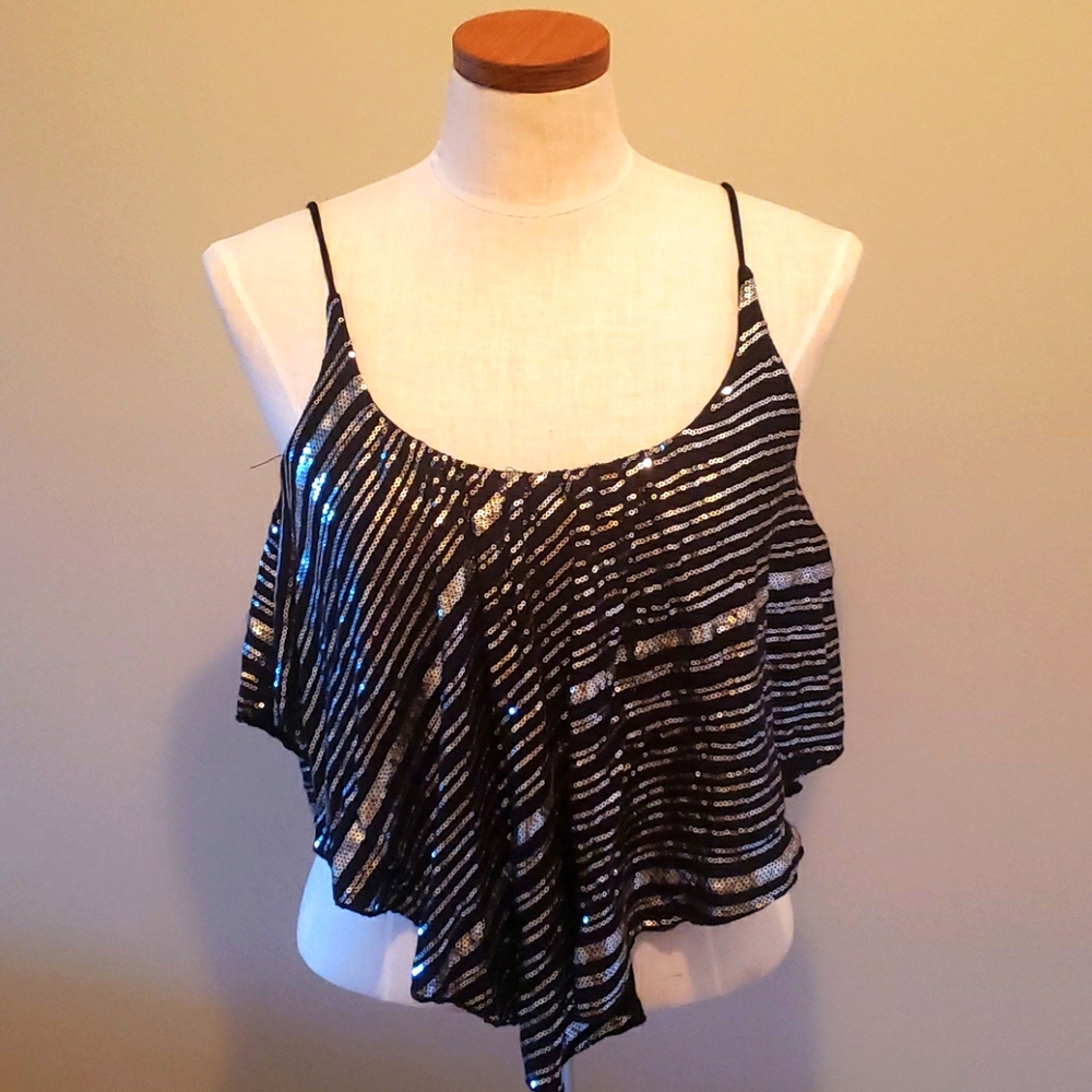 Monaco Sequin Spaghetti Strap Crop Top Black Small